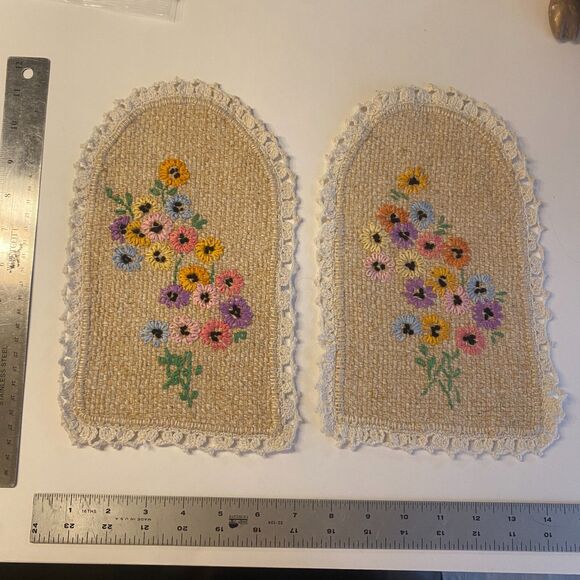 VTG Crocheted Embroidered Chair Head & Arm Cover Protectors Cotton Grannycore - Picture 5 of 15